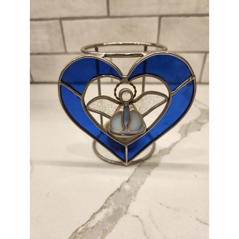 Vintage Stained Glass Tealight Holder Blue Candle Holder Angel Christmas Design‎